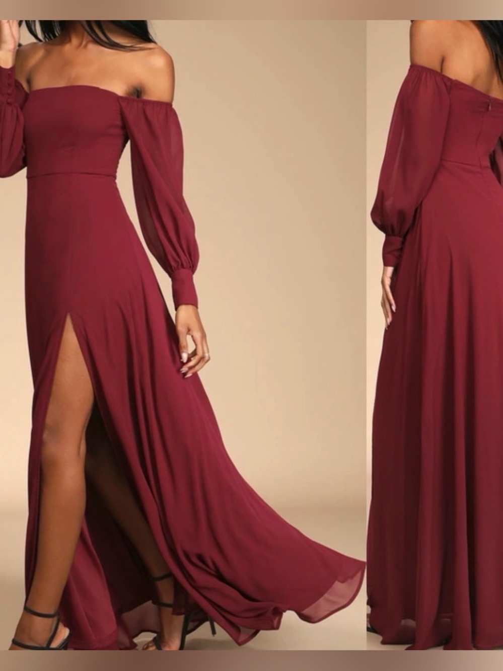 NWOT Feel the Romance Burgundy Off-the-Shoulder Long Sleeve Maxi Dress